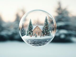 Christmas snow globe with cozy house and pine tree in winter forest, magical festive scene with snow and warm light