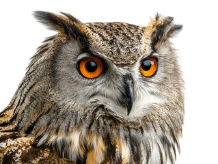 Close up portrait of a majestic eurasian eagle owl with piercing orange eyes against a dark black background