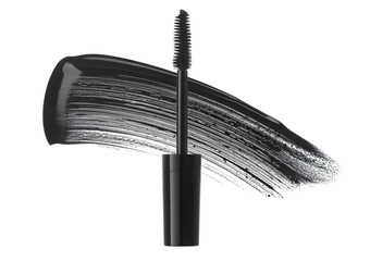 A black mascara wand applicator brush with a thick, textured smear of the cosmetic product on a white background.