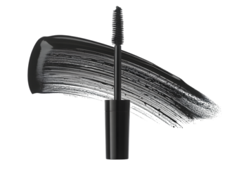 A black mascara wand applicator brush with a thick, textured smear of the cosmetic product on a white background.