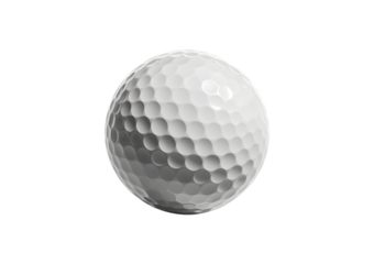 A close-up studio shot of a dimpled white golf ball on a plain white background.
