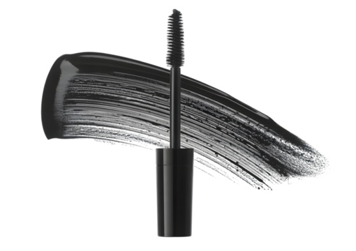 A black mascara wand applicator brush with a thick, textured smear of the cosmetic product on a white background.