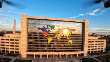 Global connectivity illuminated A vibrant world map projected onto an iconic architectural structure at sunrise, symbolizing technological advancement and international cooperation