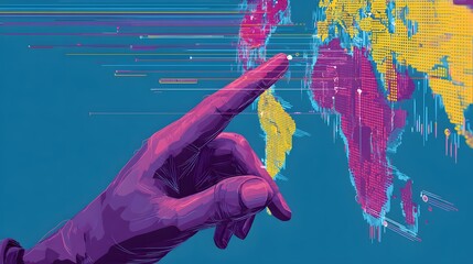 Abstract illustration depicts a hand with a pointing gesture, positioned in front of a world map graphic overlaid with lines and data points on a blue background.