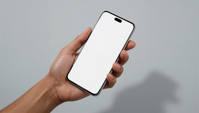 Person holding a modern smartphone with a blank white screen, perfect for mockups and creative content