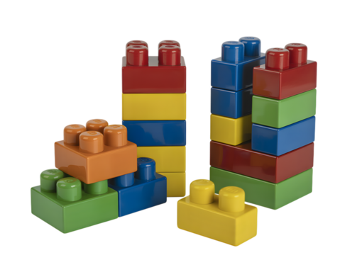 Colorful plastic building blocks stacked into towers for creative play and learning.