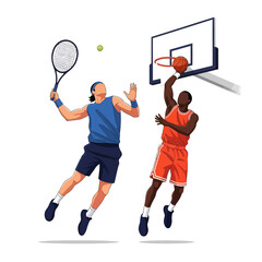 Dynamic athletes leap into action, one serving tennis, the other slam dunking basketball for thrilling competition and victory. © Kavishka