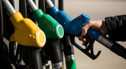 Close-up of colored fuel pump nozzles at a gas station, ideal for illustrating themes of energy, transportation, and the automotive industry globally now.