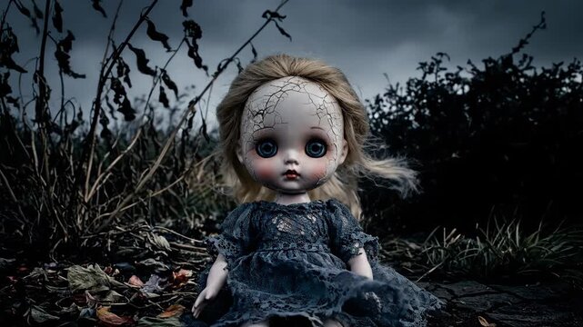 Creepy doll in dark environment with cracked skin and big eyes