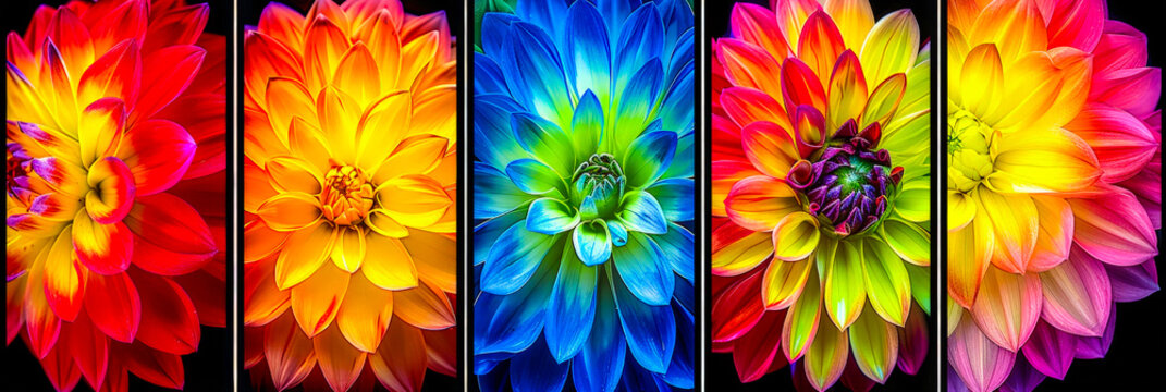 Colorful display of dahlia flowers arranged in a vibrant pattern showcasing their beauty and diversity in springtime