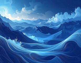 Artistic depiction of a vast ocean under a bright, cloudy sky