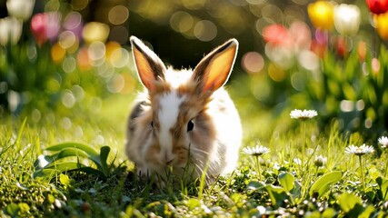 Little Rabbits Standing Amidst Lush Greenery in 4K UHD, Capturing Wholesome Concept of Innocence and Playfulness Perfect for Family Oriented Advertising Campaigns or Childrens Educational.