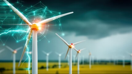 Harnessing renewable energy wind turbines generating power in a stormy landscape technology photography from a dramatic viewpoint