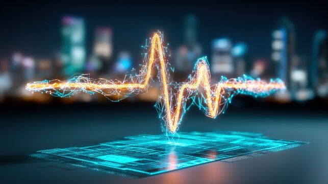 Dynamic visualization of heartbeat data urban cityscape digital art nighttime low angle health and technology concept