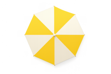 Yellow and white striped beach umbrella providing shade and sun protection during summer holidays, top view, transparent background