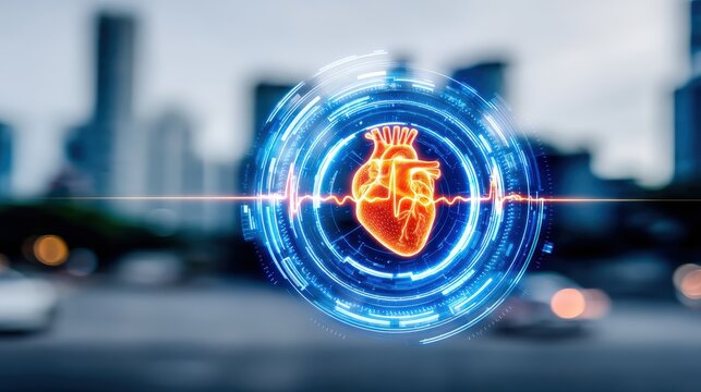Heart health monitoring technology urban medical visualization digital art innovative environment aerial perspective vitality concept