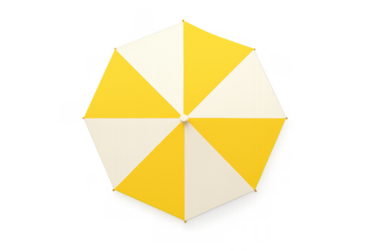 Yellow and white striped beach umbrella providing shade and sun protection during summer holidays, top view, transparent background