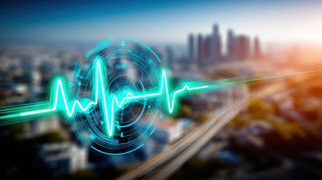 Urban health monitoring cityscape pulse visualization modern city digital content technology environment aerial view health awareness