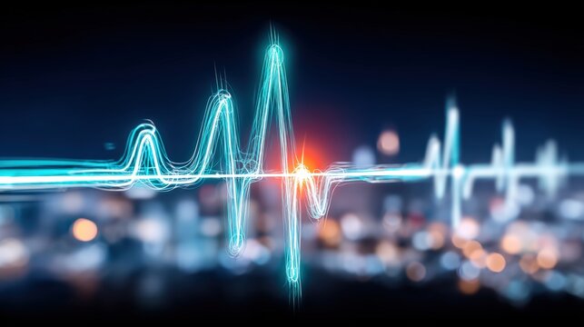 Dynamic heartbeat visualization urban cityscape digital art nighttime environment futuristic viewpoint health concept - Powered by Adobe