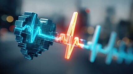 Innovative health monitoring technology utilizing heartbeat visualization urban environment digital art futuristic perspective health awareness