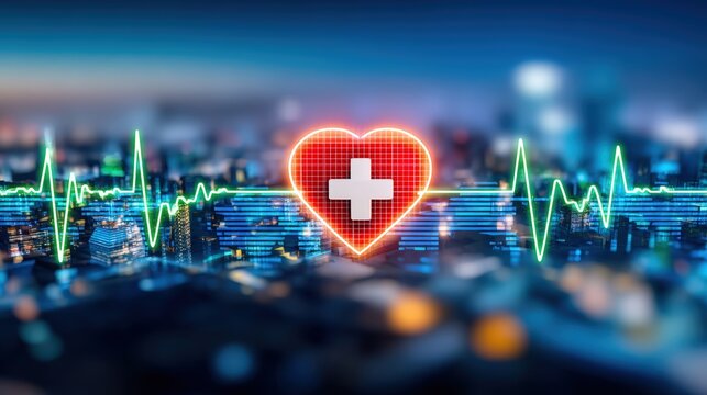 Emergency response heartbeat monitoring urban healthcare data visualization night skyline aesthetic concept for health awareness - Powered by Adobe