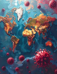 Artistic depiction of a world map with floating, red viral entities