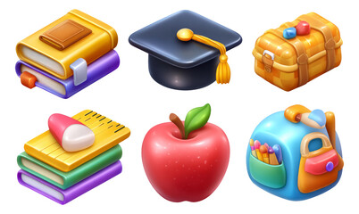 Colorful Educational Icons of Books, Graduation Cap, Apple, and School Supplies