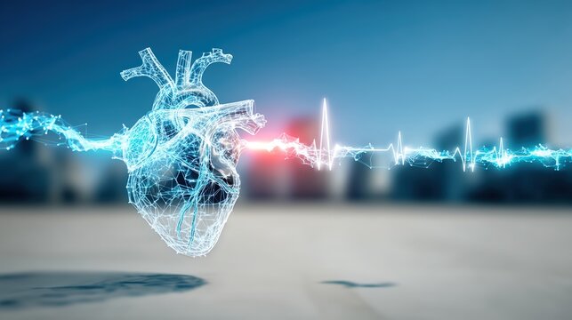 Innovative heart health monitoring technology urban environment digital art futuristic viewpoint concept of wellness