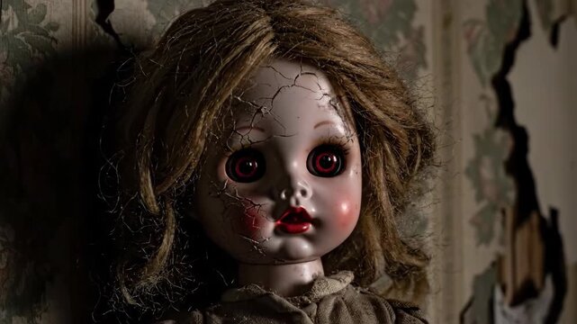 Creepy doll in dimly lit room with peeling wallpaper