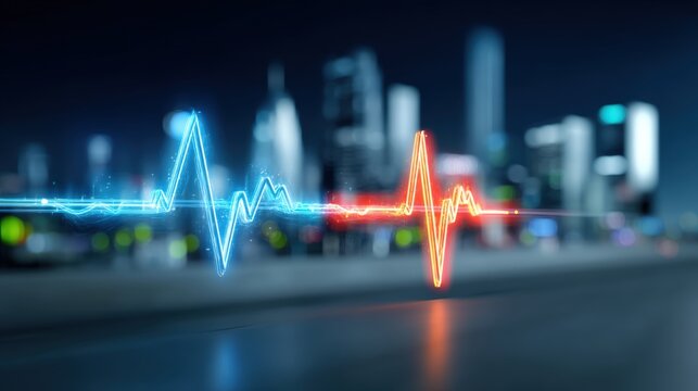 Heartbeat visualization in urban landscape technology concept night environment dynamic viewpoint pulse tracking for health monitoring