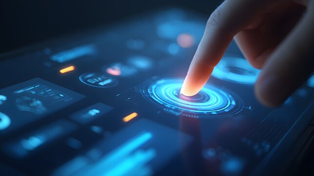 Human finger activating a futuristic digital interface, illuminating a glowing circular control with bright blue and orange lights, showcasing technology, touch, and interaction within a modern,...