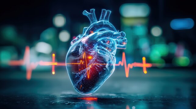 Life monitoring technology heart visualization medical research facility digital art night setting close-up view health innovation