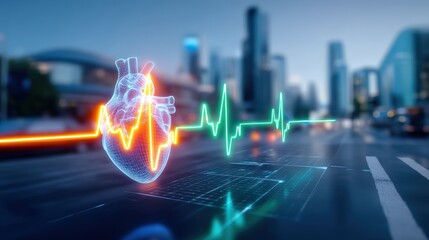 Innovative heartbeat visualization urban cityscape digital health concept modern environment aerial viewpoint technology and wellness integration