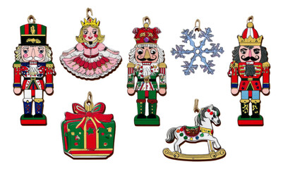 Naklejka premium Colorful Nutcracker Christmas Ornaments with Various Holiday Designs and Shapes