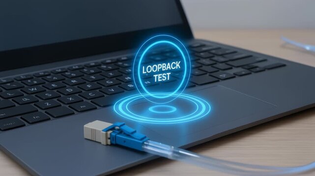 Fiber optic technology loopback test laptop keyboard connector diagnostic tool touch interface glowing ring hand loopback test