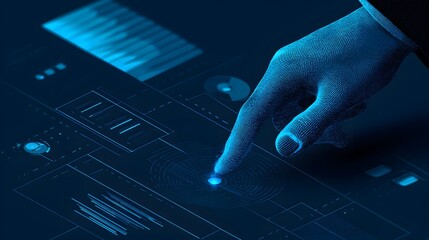 Digital interface displays a glowing hand interacting with an illuminated virtual screen, highlighting data and technological advancements through a futuristic design and captivating blue hues in...