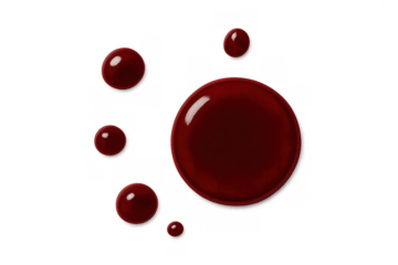 Red blood splatter drops and fluid stain on transparent background, symbolizing injury, violence, or medical concepts