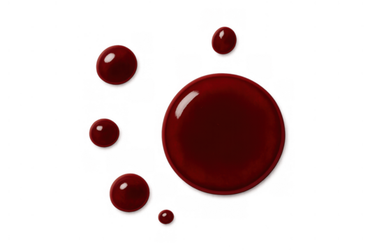 Red blood splatter drops and fluid stain on transparent background, symbolizing injury, violence, or medical concepts