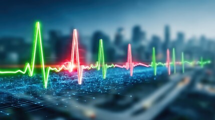 Analyzing urban health trends heartbeat data visualization cityscape infographic digital environment aerial view health concept