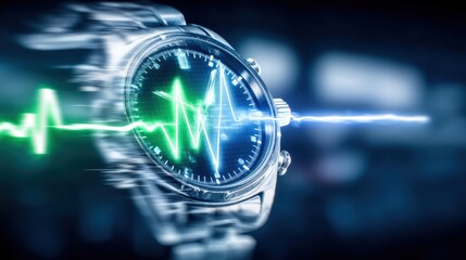 Heartbeat monitoring technology innovative watch design high-tech laboratory digital display futuristic environment close-up view health concept