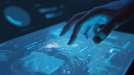 Illuminated human hand interacting with glowing digital interface, touching the screen, featuring futuristic design and advanced technology elements.