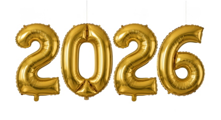 Golden 2026 Balloons Against Black Backdrop