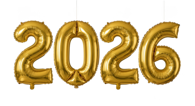 Golden 2026 Balloons Against Black Backdrop