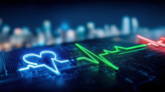 Dynamic heartbeat visualization urban skyline digital art high-tech environment close-up viewpoint health monitoring concept for seo impact - Powered by Adobe