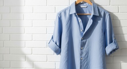 Light blue button-up shirt hanging neatly against white brick wall.