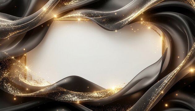 黒と金のエレガンス：流れるシルクと輝く粒子の豪華なフレーム背景