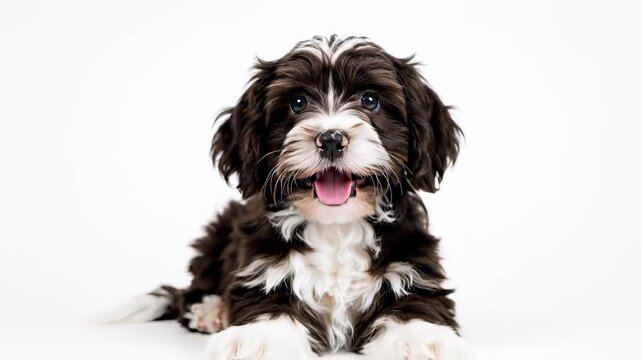 A playful Havanese dog, with its tongue lazily extended, sits comfortably on a white surface, capturing the concept of cuteness and companionship, perfect for stock media buyers seeking to.