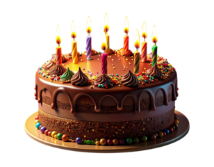 A high-quality AI-generated 3D rendering of a round chocolate birthday cake sprinkles, realistic shadows and lighting, isolated on transparent background for celebration and festive design use. (3)