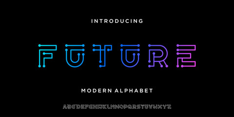 Future tech circuit alphabet font. Neon typeface with technology digital network vector illustration. © suneo_99