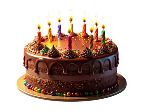 A high-quality AI-generated 3D rendering of a round chocolate birthday cake sprinkles, realistic shadows and lighting, isolated on transparent background for celebration and festive design use. (3)